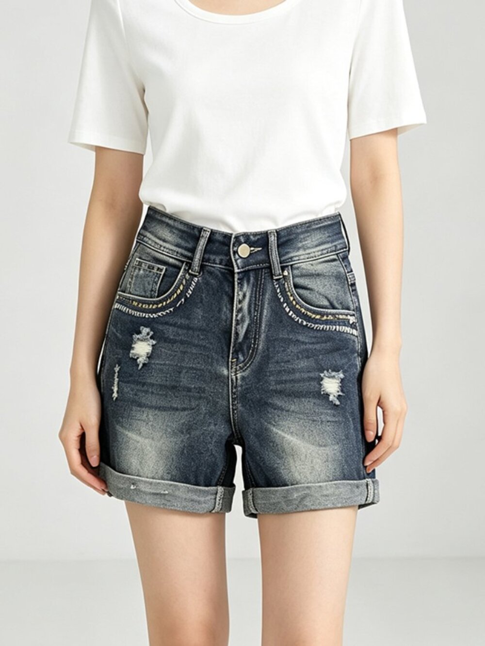 Vintage Ripped Denim Shorts Women Embroidered Pocket Roll‑Up Hem Short